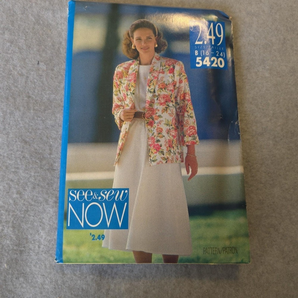 See & Sew NOW 5420‎ Misses Jacket & Dress Pattern Sz 16-24 UNCUT Floral 1980s